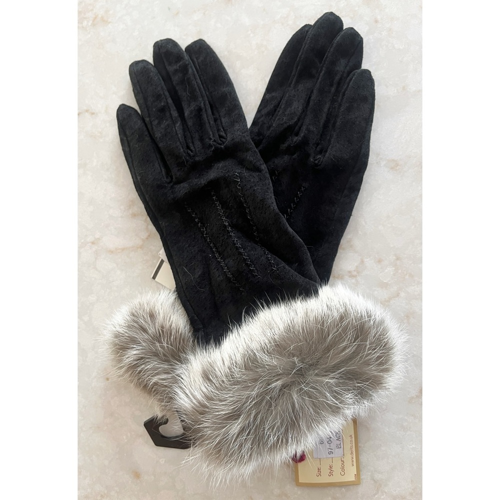 Dents Black Suede Fur Lined Gloves 6.5 NWT